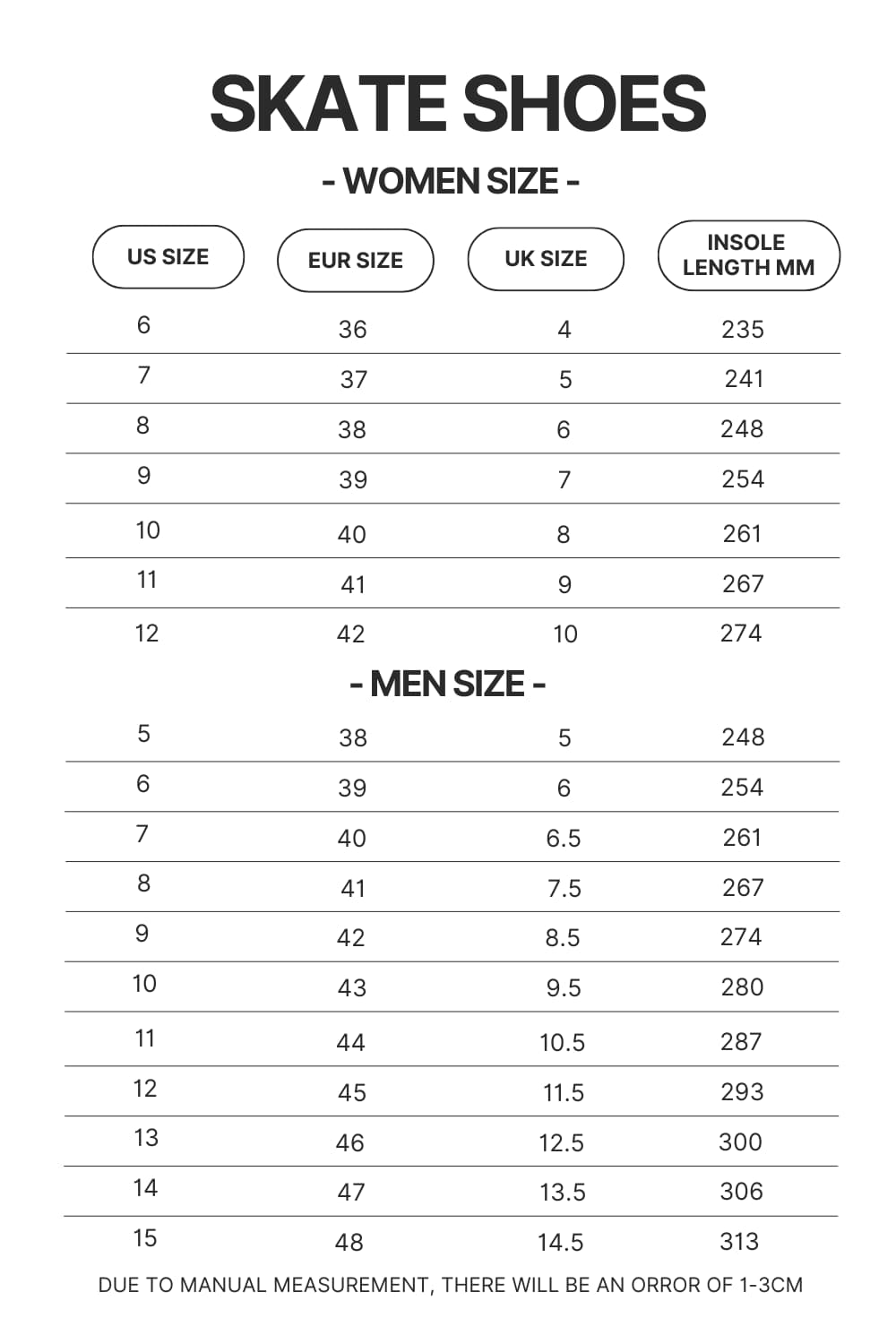 Skate Shoes Size Chart - Official JJBA