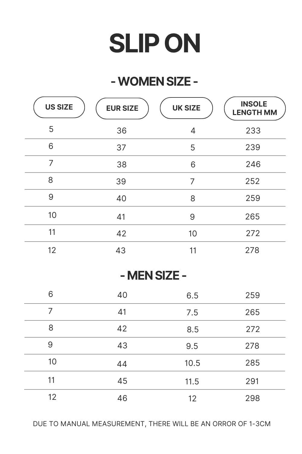 Slip On Size Chart 1 - Official JJBA
