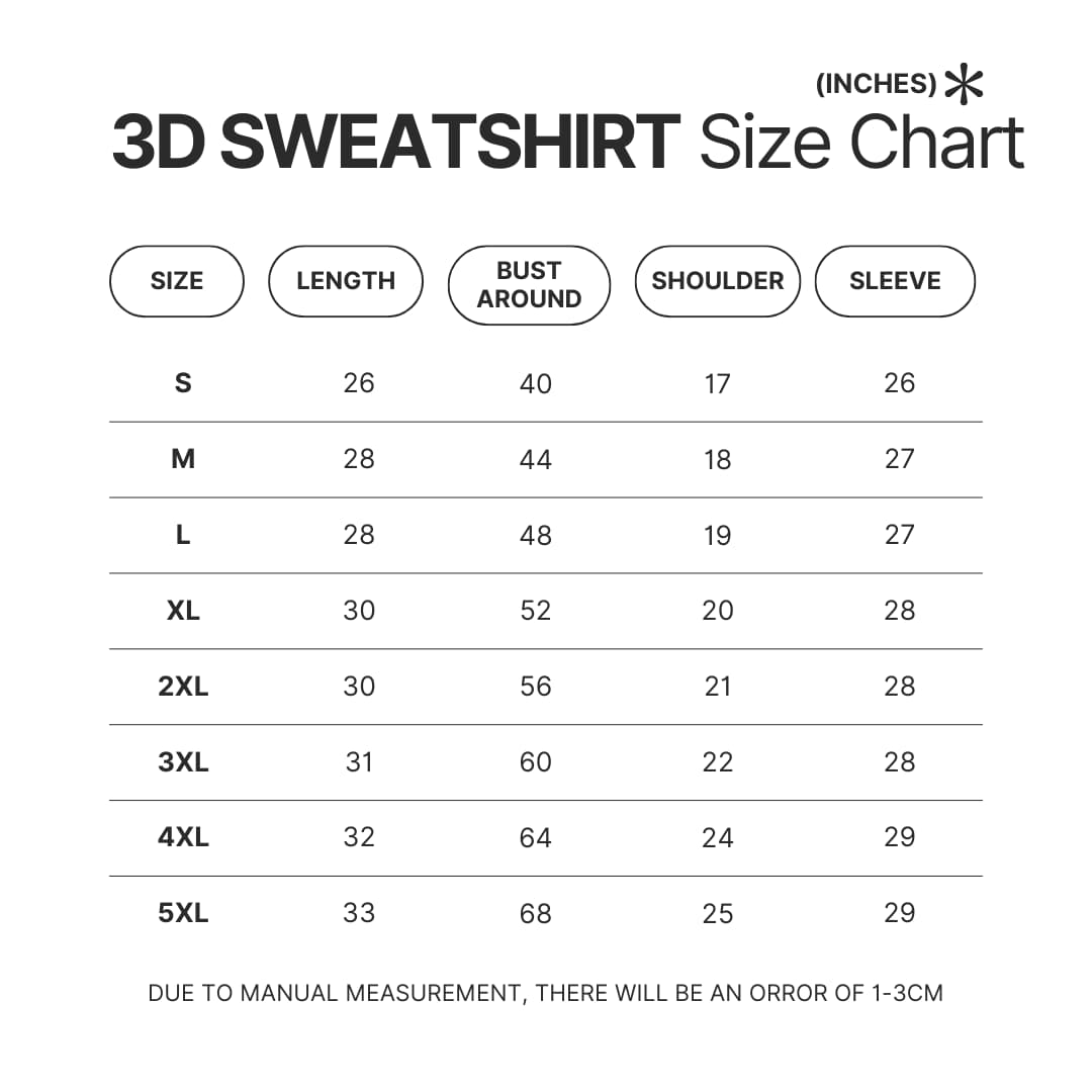 3D Sweatshirt Size Chart - Official JJBA